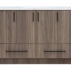 Dark gray wood grain bathroom vanity with four upper cabinet doors and two lower drawers, topped with white marble countertop and black hardware