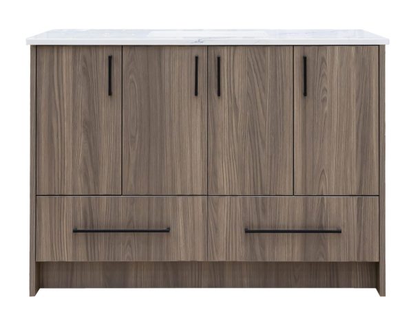 Dark gray wood grain bathroom vanity with four upper cabinet doors and two lower drawers, topped with white marble countertop and black hardware