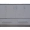 Gray wood double sink bathroom vanity with 4 upper doors, 2 lower drawers, and chrome hardware with white countertop