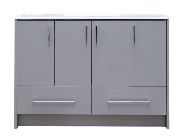 Gray wood double sink bathroom vanity with 4 upper doors, 2 lower drawers, and chrome hardware with white countertop