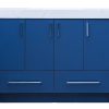 Navy blue bathroom vanity with white countertop, 4 upper cabinet doors and 2 lower drawers, chrome handles