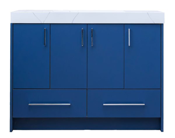 Navy blue bathroom vanity with white countertop, 4 upper cabinet doors and 2 lower drawers, chrome handles