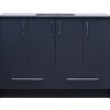 Dark navy blue bathroom vanity with four upper cabinet doors and two lower drawers, featuring chrome handles and a black countertop with integrated sink