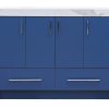 Navy blue bathroom vanity cabinet with four upper cabinet doors and two lower drawers, featuring chrome hardware and white marble countertop