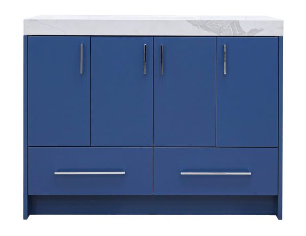 Navy blue bathroom vanity cabinet with four upper cabinet doors and two lower drawers, featuring chrome hardware and white marble countertop
