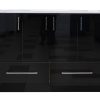 Contemporary black high-gloss bathroom vanity cabinet with white marble countertop, four upper cabinet doors with chrome handles, and two lower drawers with silver bar pulls