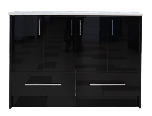 Contemporary black high-gloss bathroom vanity cabinet with white marble countertop, four upper cabinet doors with chrome handles, and two lower drawers with silver bar pulls