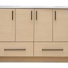 Light natural oak wood bathroom vanity with four upper cabinet doors and two lower drawers, featuring black handles and a white marble countertop with integrated sink