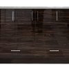 Luxury bathroom vanity with dark walnut wood grain finish and glossy surface, four upper cabinet doors with chrome handles, and two lower drawers with silver bar pulls