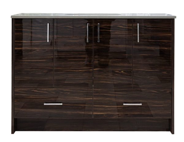 Luxury bathroom vanity with dark walnut wood grain finish and glossy surface, four upper cabinet doors with chrome handles, and two lower drawers with silver bar pulls