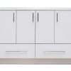 Modern white bathroom vanity cabinet with light wood trim, four upper cabinet doors with black handles, and two lower drawers with stainless steel bar pulls