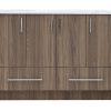 Contemporary bathroom vanity with warm gray wood grain finish, white marble top, four upper cabinet doors with chrome handles, and two lower drawers with silver bar pulls