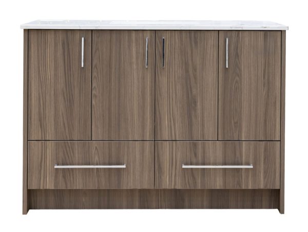 Contemporary bathroom vanity with warm gray wood grain finish, white marble top, four upper cabinet doors with chrome handles, and two lower drawers with silver bar pulls