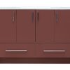 Modern bathroom vanity cabinet with burgundy finish, white marble countertop, four upper cabinet doors with chrome handles, and two lower drawers with silver bar pulls