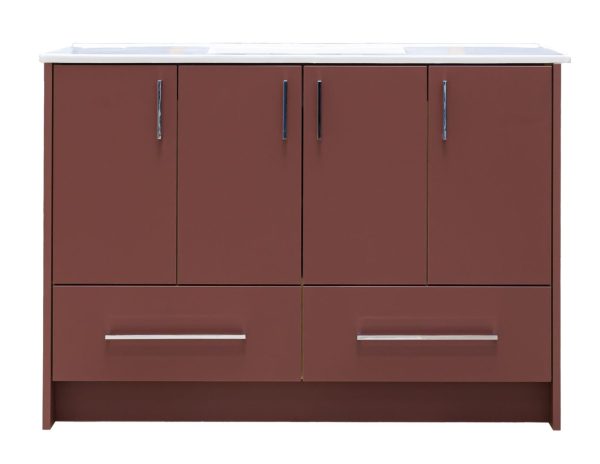 Modern bathroom vanity cabinet with burgundy finish, white marble countertop, four upper cabinet doors with chrome handles, and two lower drawers with silver bar pulls