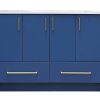 Navy blue bathroom vanity cabinet with four upper doors with gold handles and two lower drawers with gold pulls, topped with white marble countertop
