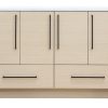 Light natural wood dresser with white marble top, four upper cabinet doors and two lower drawers with black handles