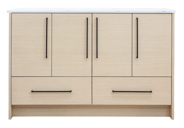 Light natural wood dresser with white marble top, four upper cabinet doors and two lower drawers with black handles
