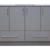 Gray bathroom vanity cabinet with 4 upper doors and 2 lower drawers, chrome hardware, and a white stone countertop