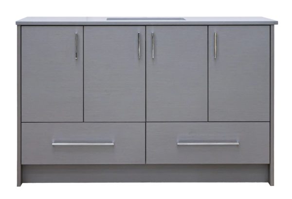 Gray bathroom vanity cabinet with 4 upper doors and 2 lower drawers, chrome hardware, and a white stone countertop
