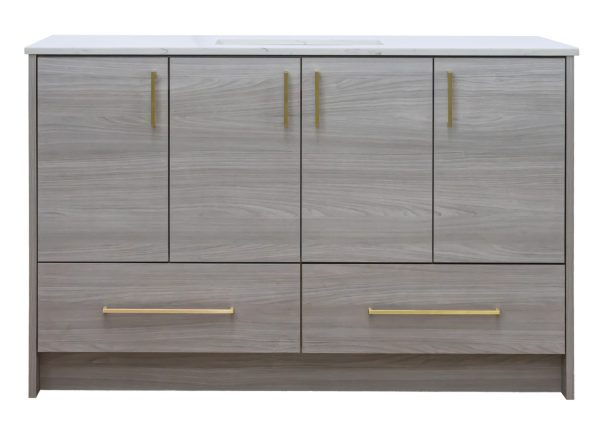 Gray wood bathroom vanity with 4 upper cabinet doors and 2 lower drawers, featuring brass handles and a white countertop