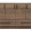Medium brown wood dresser with white marble top, four upper cabinet doors and two lower drawers with black handles
