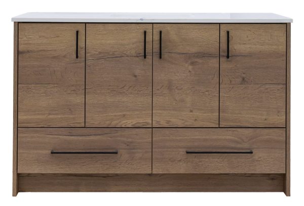 Medium brown wood dresser with white marble top, four upper cabinet doors and two lower drawers with black handles