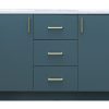 Charcoal gray bathroom vanity with dual sinks, two side cabinet doors with brass pulls, three center drawers with brass handles, and light countertop