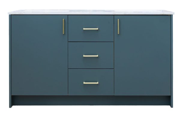Charcoal gray bathroom vanity with dual sinks, two side cabinet doors with brass pulls, three center drawers with brass handles, and light countertop