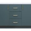 Dark teal green vanity with dual sinks, two side cabinet doors with brass pulls, and three center drawers with brass handles
