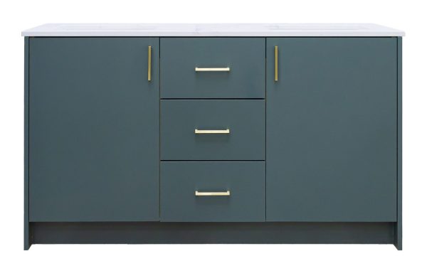 Dark teal green vanity with dual sinks, two side cabinet doors with brass pulls, and three center drawers with brass handles