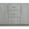 Light gray wood dresser with white top, two side cabinet doors and three center drawers with chrome handles