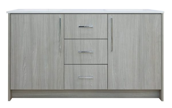 Light gray wood dresser with white top, two side cabinet doors and three center drawers with chrome handles