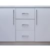 White bathroom vanity with dual sinks, three center drawers with bronze handles, two side cabinet doors, and gray countertop