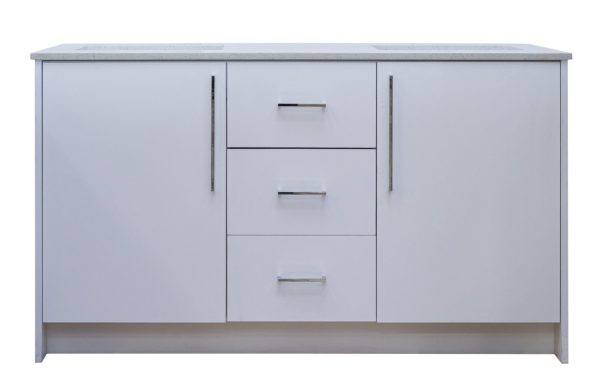 White bathroom vanity with dual sinks, three center drawers with bronze handles, two side cabinet doors, and gray countertop
