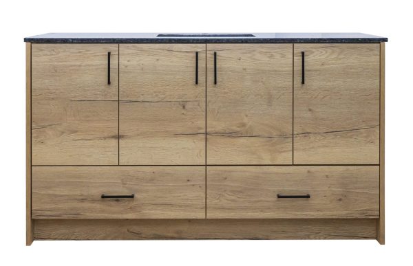 Natural oak wood dresser with black countertop, four upper cabinet doors and two lower drawers with black handles