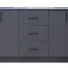 Dark gray bathroom vanity with four cabinet doors, three center drawers, and black handles