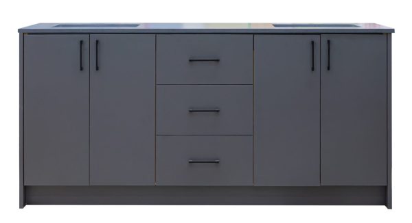 Dark gray bathroom vanity with four cabinet doors, three center drawers, and black handles