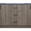 Gray wood grain vanity cabinet with dual sinks, three center drawers with black handles, and two side cabinet doors