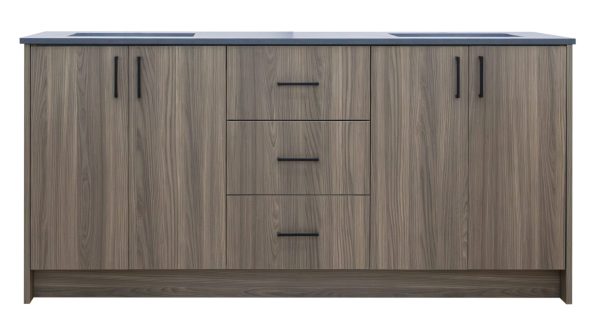 Gray wood grain vanity cabinet with dual sinks, three center drawers with black handles, and two side cabinet doors