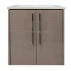 Gray-taupe bathroom vanity with concrete countertop and two doors with black handles