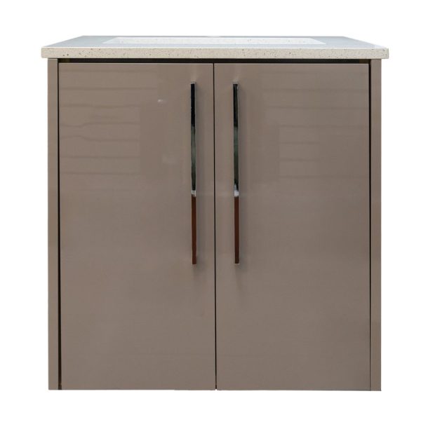 Gray-taupe bathroom vanity with concrete countertop and two doors with black handles