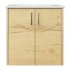 Light natural wood bathroom vanity cabinet with two doors and black handles