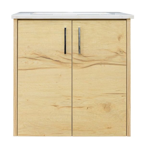 Light natural wood bathroom vanity cabinet with two doors and black handles