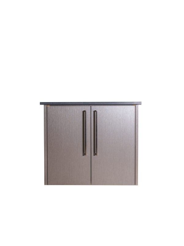 Gray wood finish two-door cabinet with black handles and dark countertop for contemporary storage