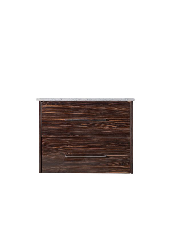 Dark walnut wood garage door with three horizontal panel sections and metal handles