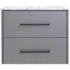 Two-drawer upholstered nightstand with gray fabric finish and distressed white marble top with black handles