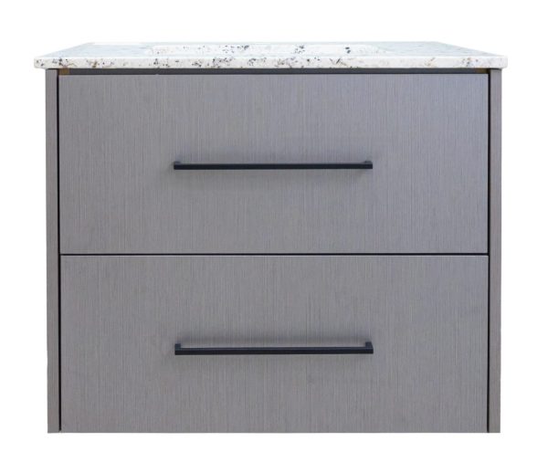 Two-drawer upholstered nightstand with gray fabric finish and distressed white marble top with black handles