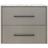 Two-drawer upholstered nightstand with gray fabric finish and distressed white marble top with black handles