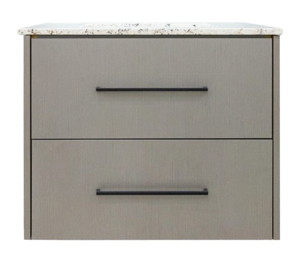 Two-drawer upholstered nightstand with gray fabric finish and distressed white marble top with black handles